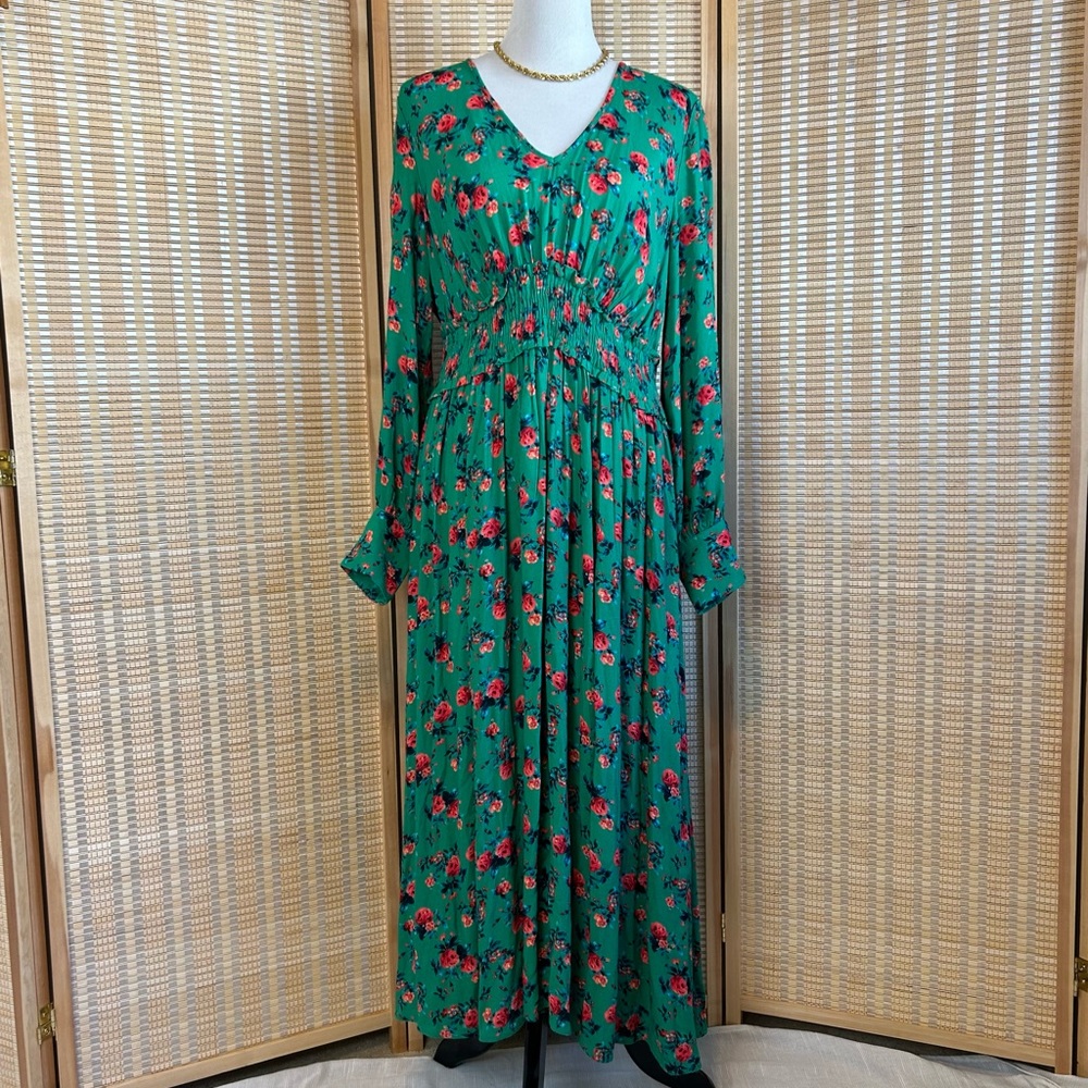 Ghost London Green Floral Gathered Waist Dress